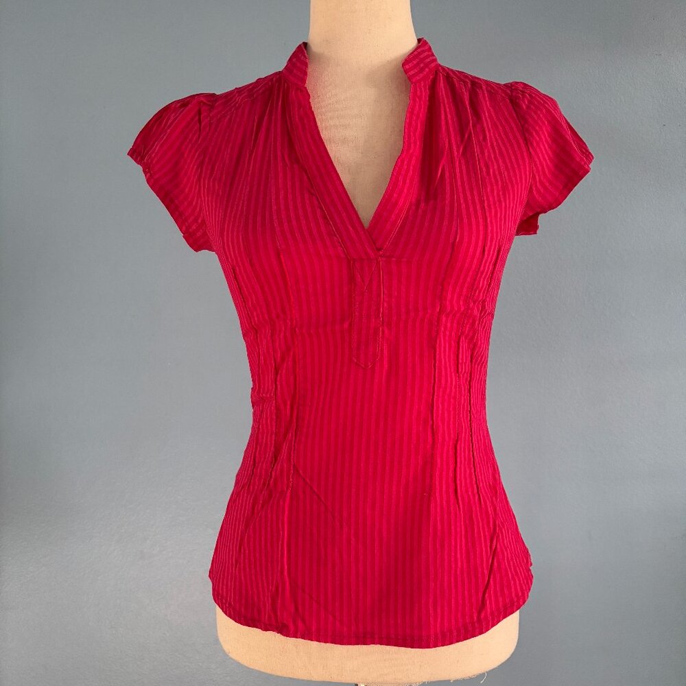 Vibrant Pink Top - Vertical Stripes - V Neck - Cinched Torso - Size 6 - H&M